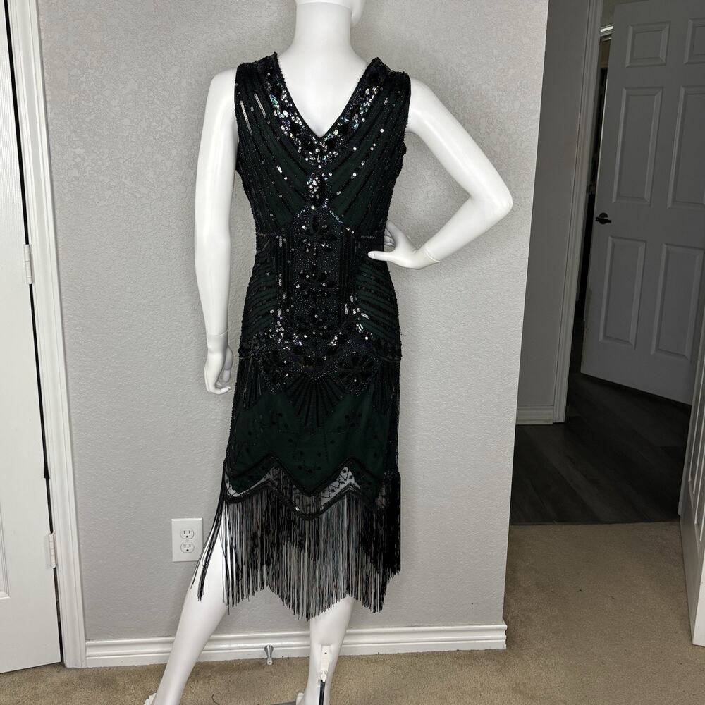 Women's Gatsby Flapper Beaded Sequin Dress 1920s Fringe Emerald Green Black Sz S - Picture 5 of 7